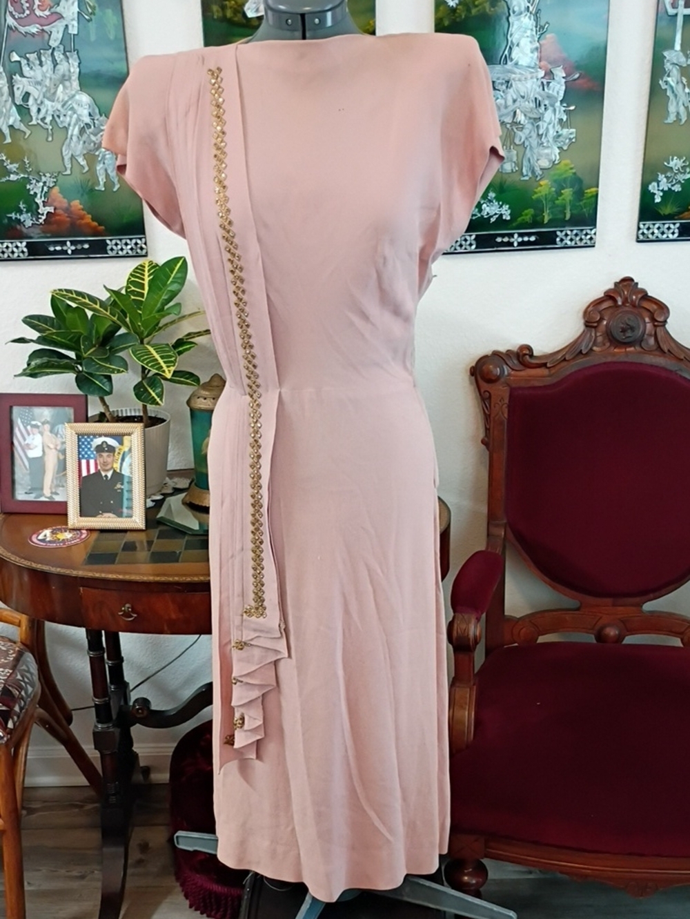 Vintage 1940s Salmon Pink Cocktail Dress Size Extra Small